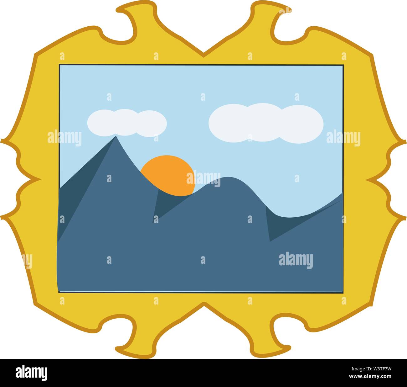 Un paysage dans un cadre d'or avec un soleil, montagnes, nuages et ciel bleu, Scénario, dessin en couleur ou d'illustration. Illustration de Vecteur