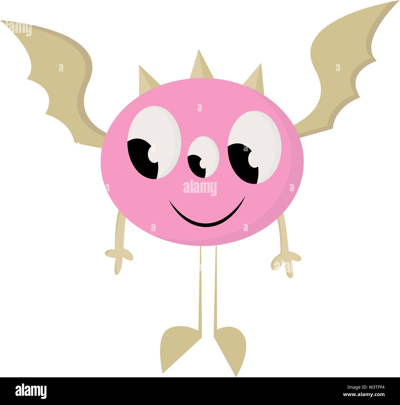 Un monstre rose avec trois yeux et un ailes comme une chauve-souris, Scénario, dessin en couleur ou d'illustration. Illustration de Vecteur