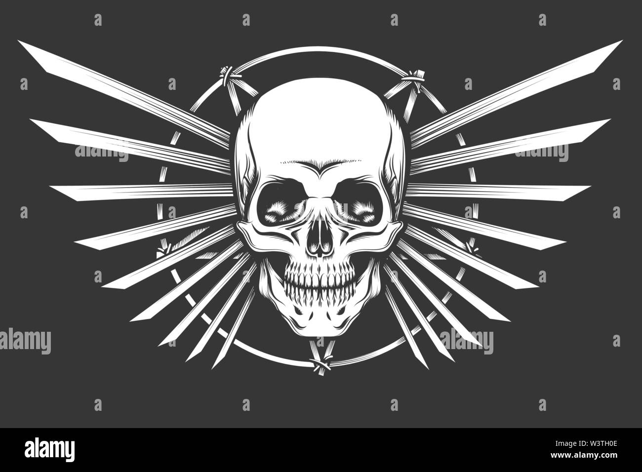 Crâne humain contre pentagram et ailes de lame. Vector Illustration. Illustration de Vecteur