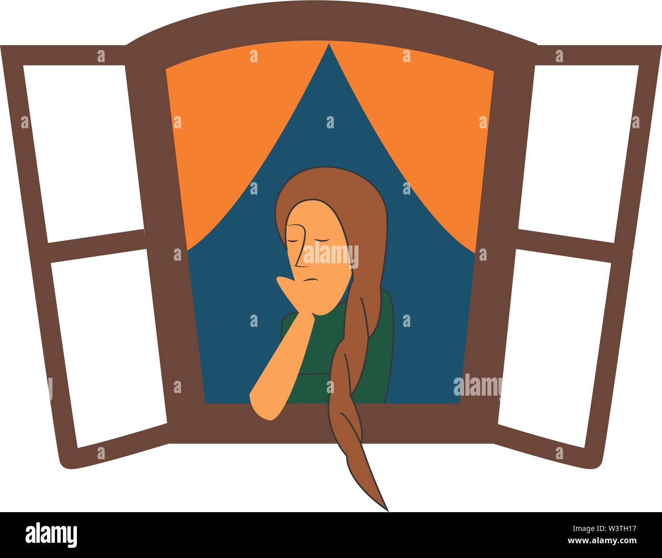 Une fille avec une longue chevelure se reflète d'une fenêtre, Scénario, dessin en couleur ou d'illustration. Illustration de Vecteur