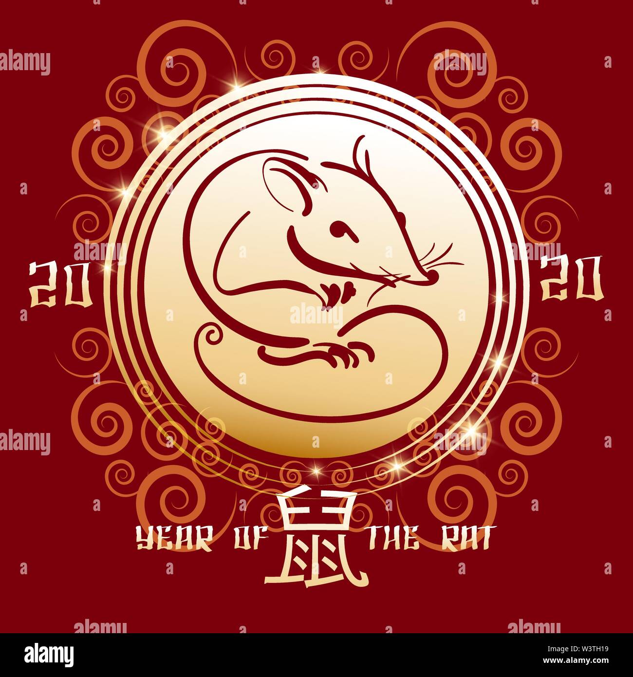 Conception de carte de nouvel an chinois. Golden taliman avec signe chinois rat et hiéroglyphe de rat sur fond rouge. Vector illustration. Illustration de Vecteur