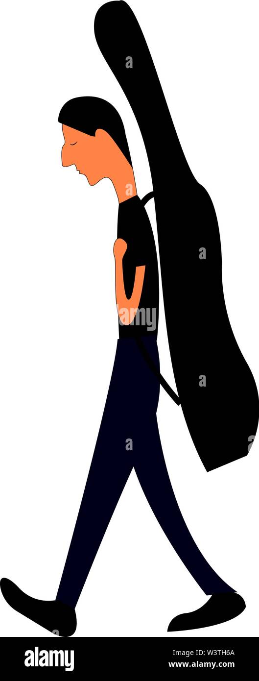 Un jeune musicien à son instrument à son dos, Scénario, dessin en couleur ou d'illustration. Illustration de Vecteur