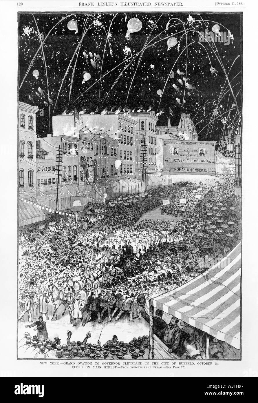 New York. Ovation à grand Gouverneur Cleveland dans la ville de Buffalo, 2d octobre. Scène sur la rue Main, à partir de croquis par C. Upham, Frank Leslie's Illustrated Newspaper, 11 Octobre 1884 Banque D'Images