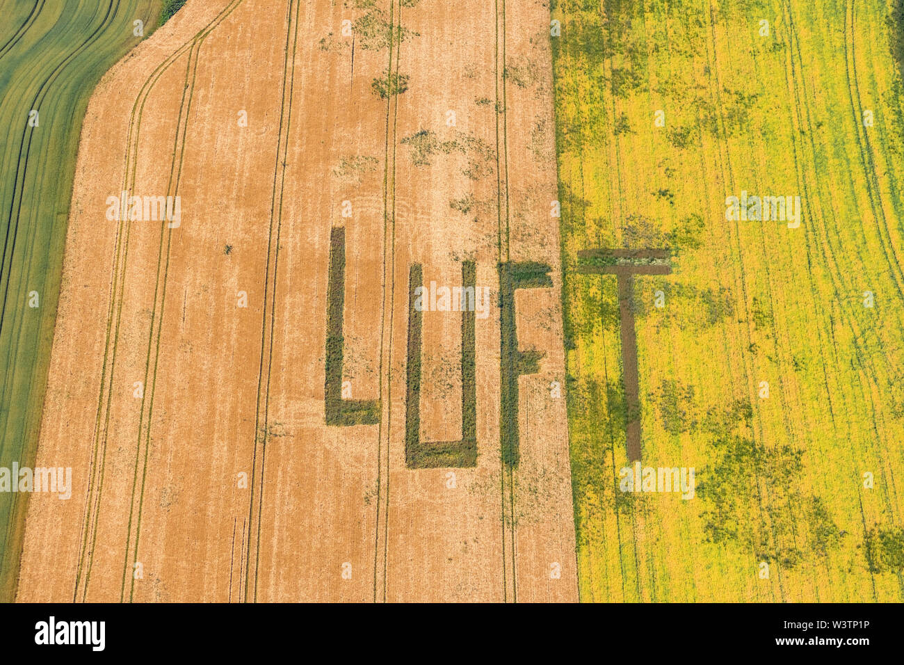 Photo aérienne d'une inscription l'air sur le champ de blé à Mechtenberg sur la ville frontière de Essen et de Gelsenkirchen à Gelsenkirchen dans la Ruhr dans Banque D'Images