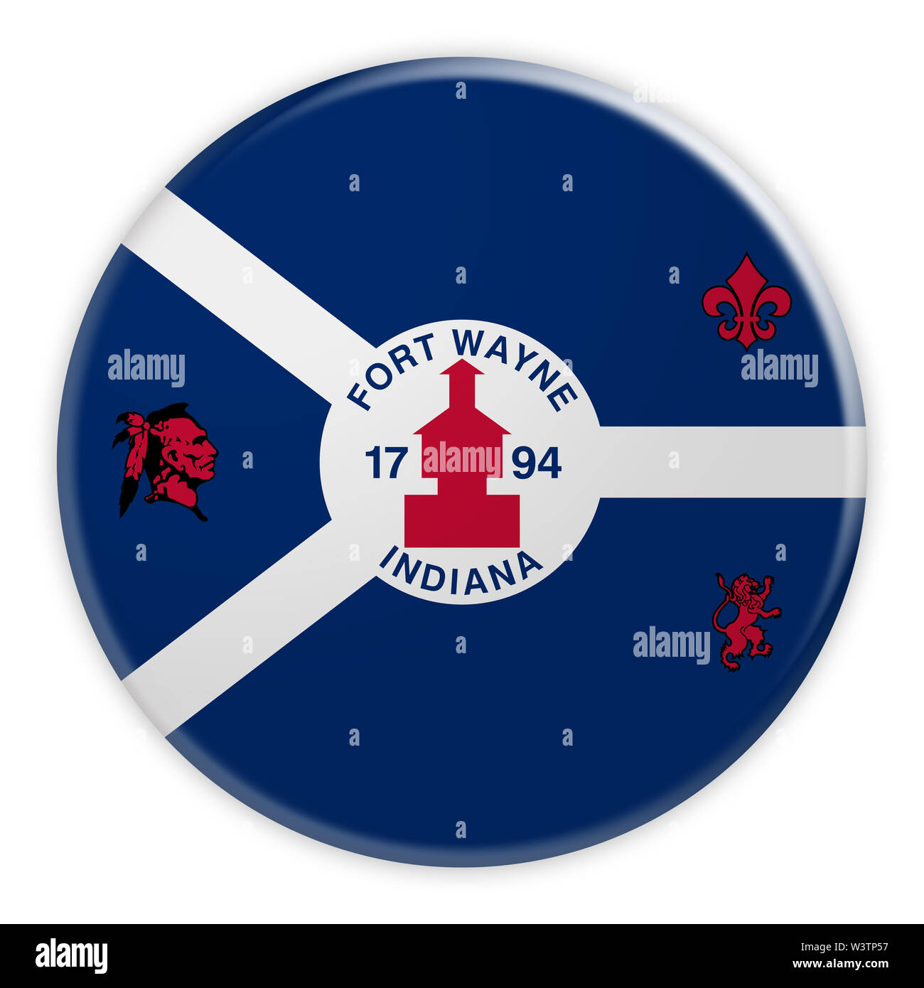 La ville nous Bouton : Fort Wayne, Indiana Badge Drapeau, 3d illustration sur fond blanc Banque D'Images