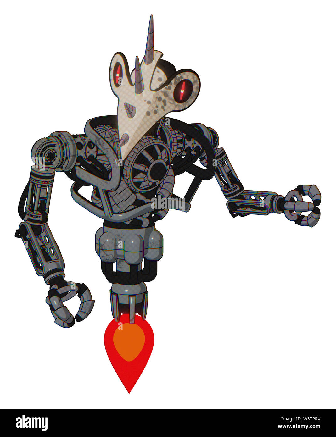 Cyborg contenant des éléments : bird skull head, ligne rouge des yeux, le haut de la poitrine lourde, pas de poitrine, propulsion. Matériaux : gris béton... Banque D'Images