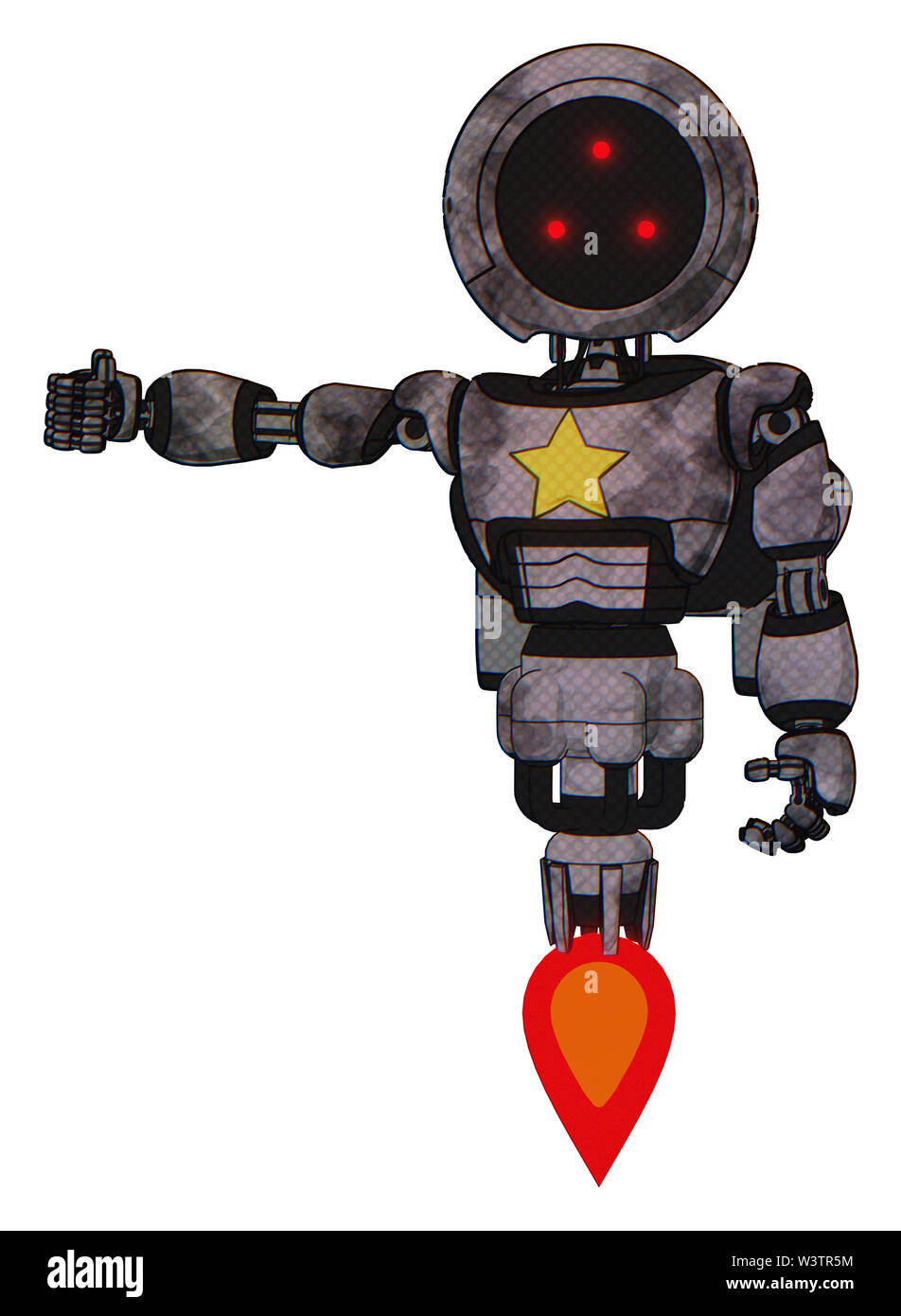 Contenant des éléments automate : trois yeux led lumière, tête ronde poitrine exoshielding, étoile jaune, rocket pack, propulsion. Matériel : sketch pad... Banque D'Images