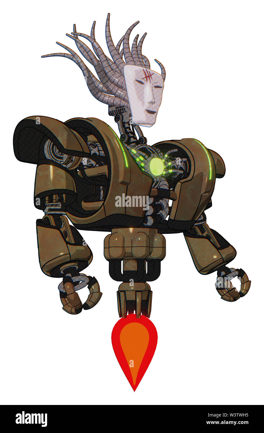 Cyborg contenant des éléments : masque de Visage humanoïde, rouge orangé éclatant la peinture de la guerre, le haut de la poitrine lourde, lourde poitrine mécanique, l'énergie verte core, Jet Propulsion. Banque D'Images