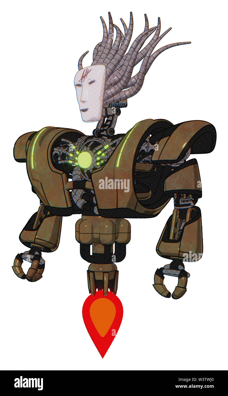 Cyborg contenant des éléments : masque de Visage humanoïde, rouge orangé éclatant la peinture de la guerre, le haut de la poitrine lourde, lourde poitrine mécanique, l'énergie verte core, Jet Propulsion. Banque D'Images