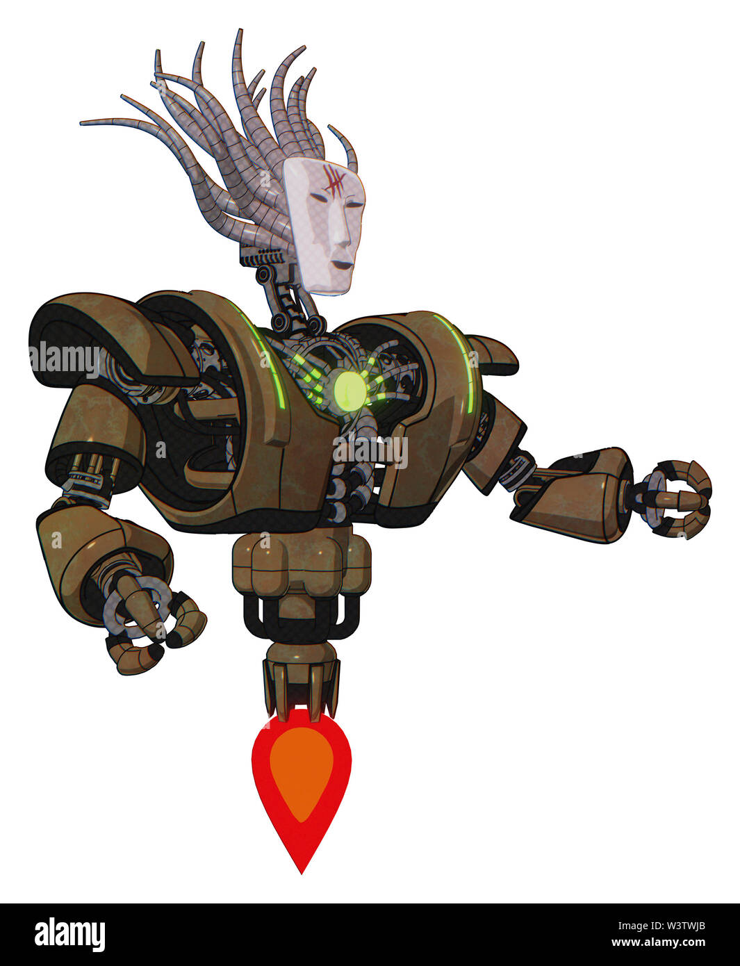 Cyborg contenant des éléments : masque de Visage humanoïde, rouge orangé éclatant la peinture de la guerre, le haut de la poitrine lourde, lourde poitrine mécanique, l'énergie verte core, Jet Propulsion. Banque D'Images