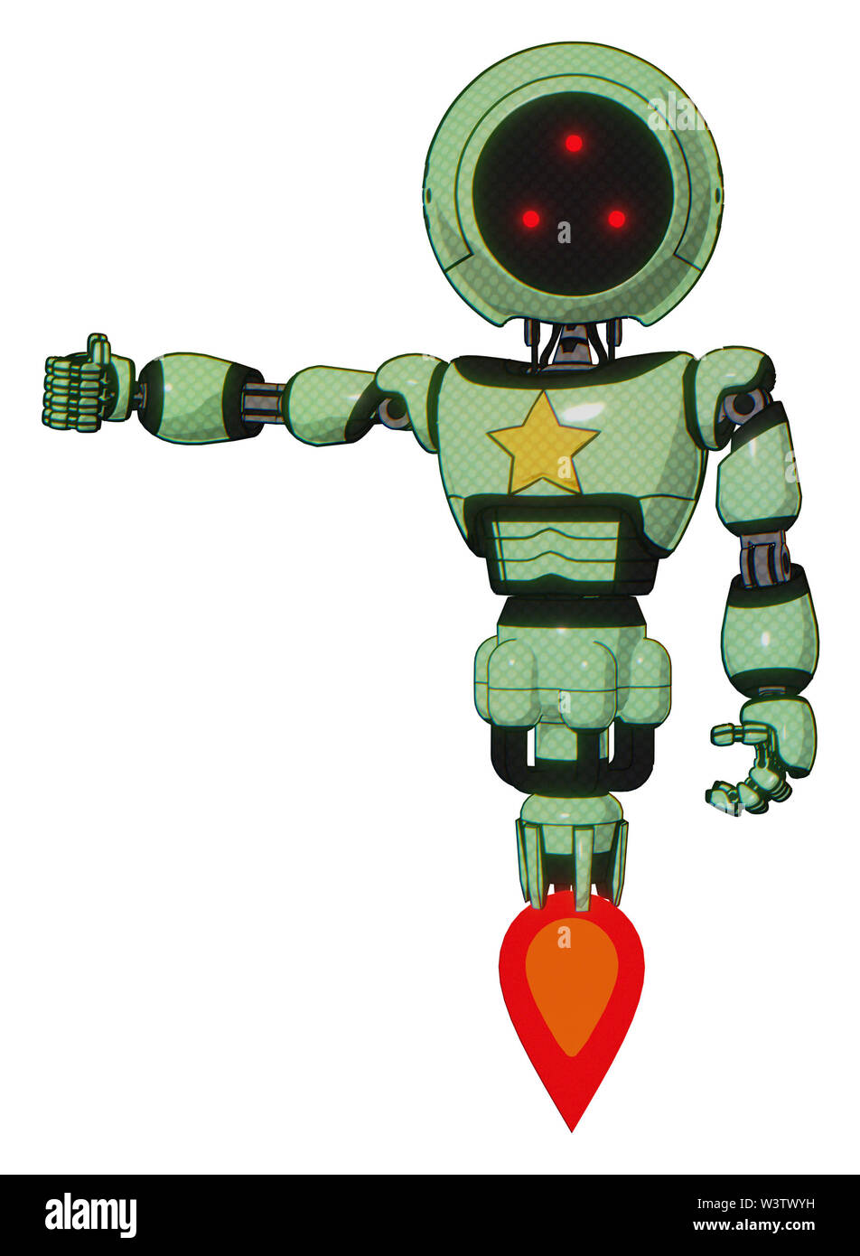 Mech contenant des éléments : trois yeux led lumière, tête ronde poitrine exoshielding, étoile jaune, propulsion. Matériel : teinte verte toon. Situation : le bras. Banque D'Images