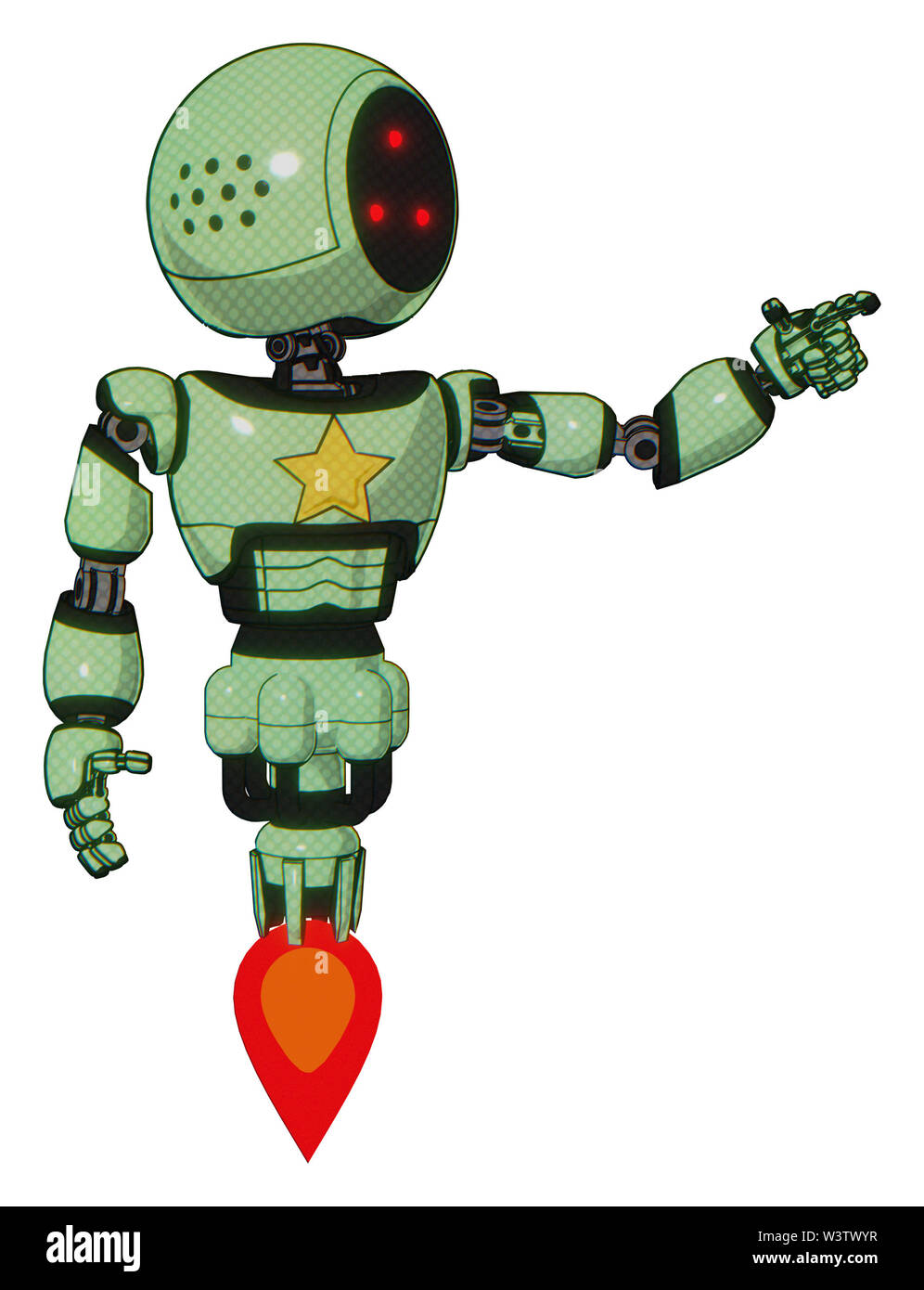 Mech contenant des éléments : trois yeux led lumière, tête ronde poitrine exoshielding, étoile jaune, propulsion. Matériel : teinte verte toon. Situation :... Banque D'Images