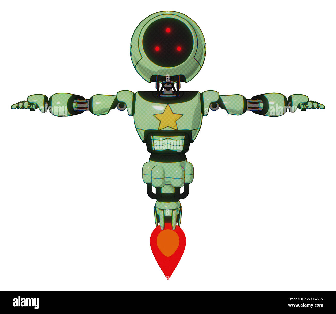 Mech contenant des éléments : trois yeux led lumière, tête ronde poitrine exoshielding, étoile jaune, propulsion. Matériel : teinte verte toon. Situation :... Banque D'Images