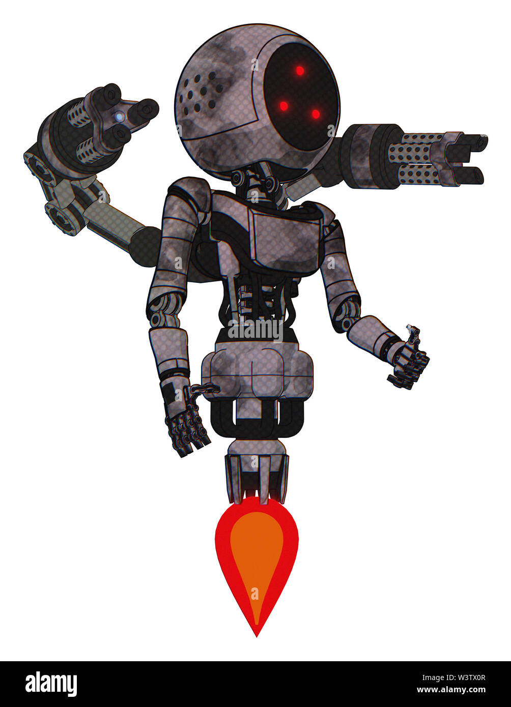 Bot contenant des éléments : trois yeux led lumière, tête ronde, exoshielding poitrine poitrine ultra-léger exosuit, minigun retour assemblée générale, propulsion. Banque D'Images