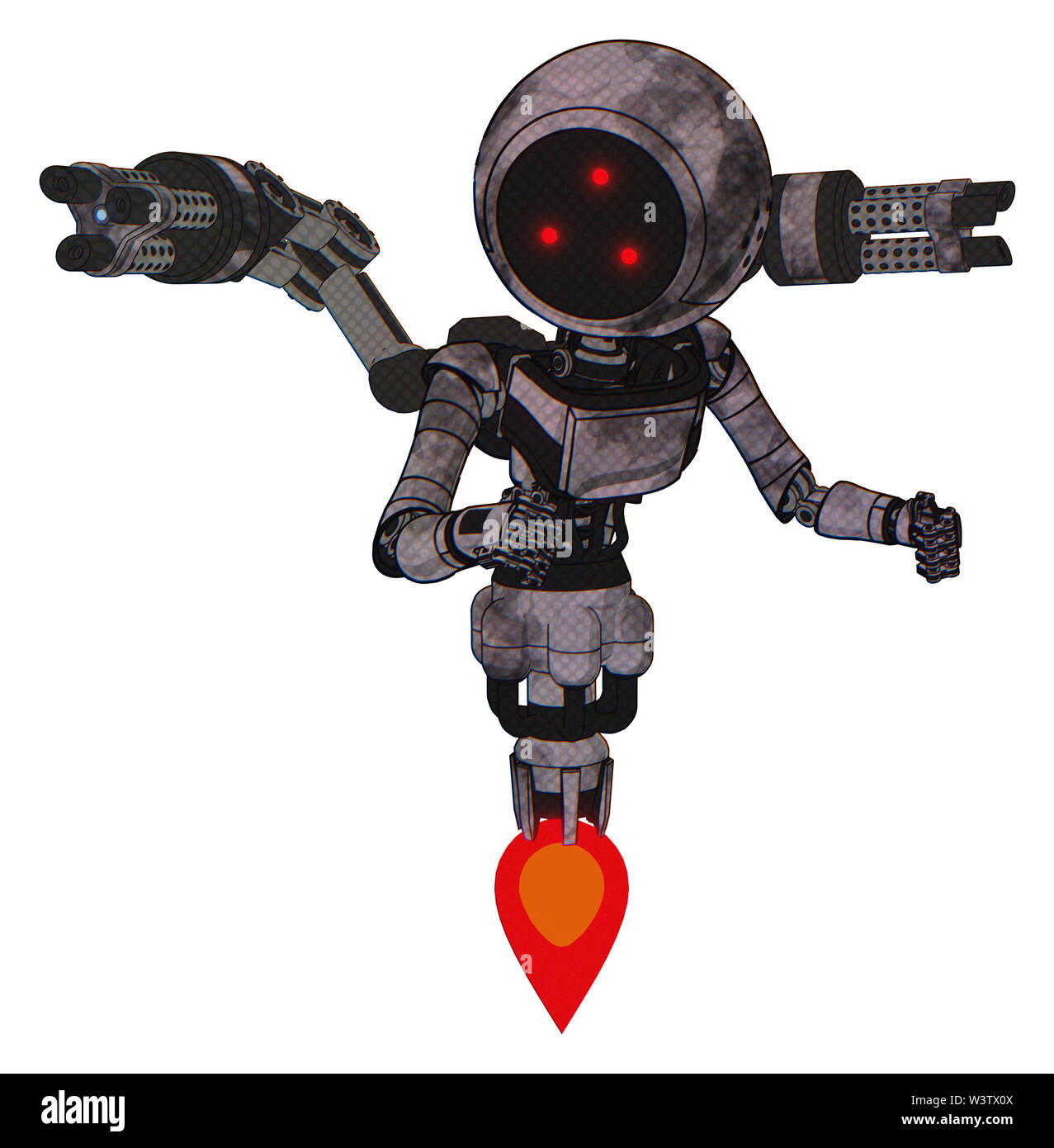 Bot contenant des éléments : trois yeux led lumière, tête ronde, exoshielding poitrine poitrine ultra-léger exosuit, minigun retour assemblée générale, propulsion. Banque D'Images