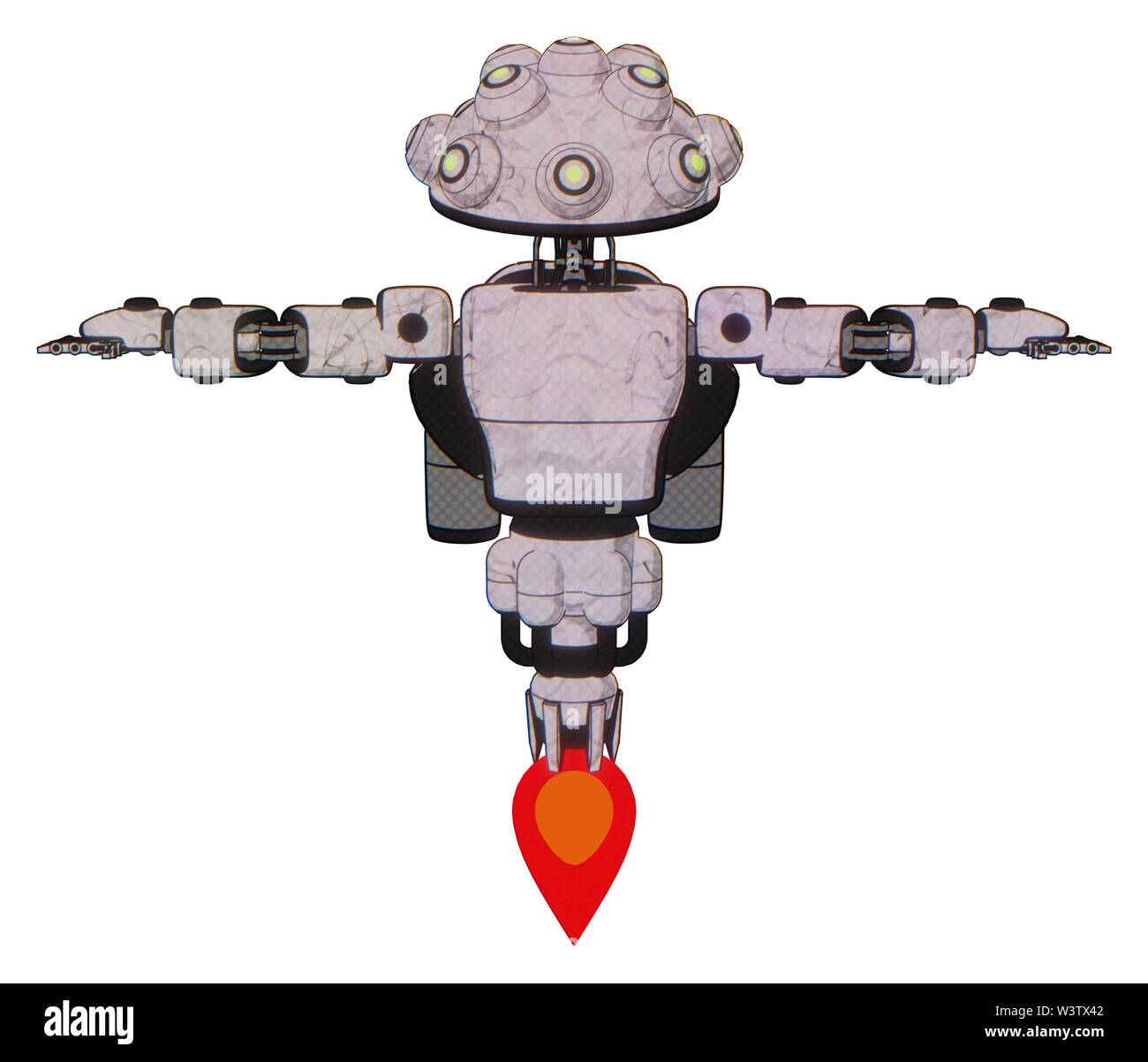 Les éléments contenant de l'automate : techno multi-eyed domehead exoshielding conception lumière, poitrine, poitrine, exoplate prototype rocket pack, propulsion. Banque D'Images