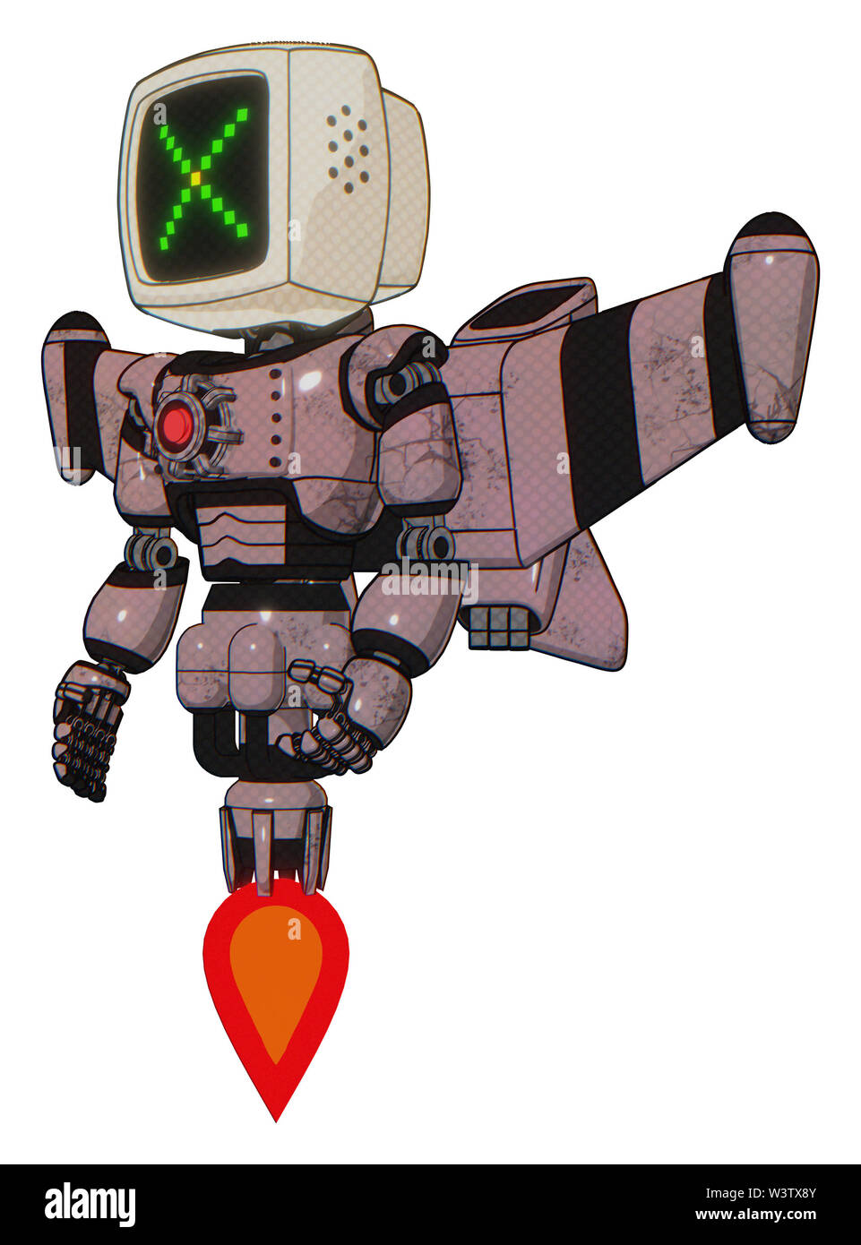 Mech contenant des éléments : ancien moniteur d'ordinateur, pixel x, lumière rouge, exoshielding poitrine base énergie stellaire, jet pack de fusée d'aile, Jet Propulsion. Banque D'Images