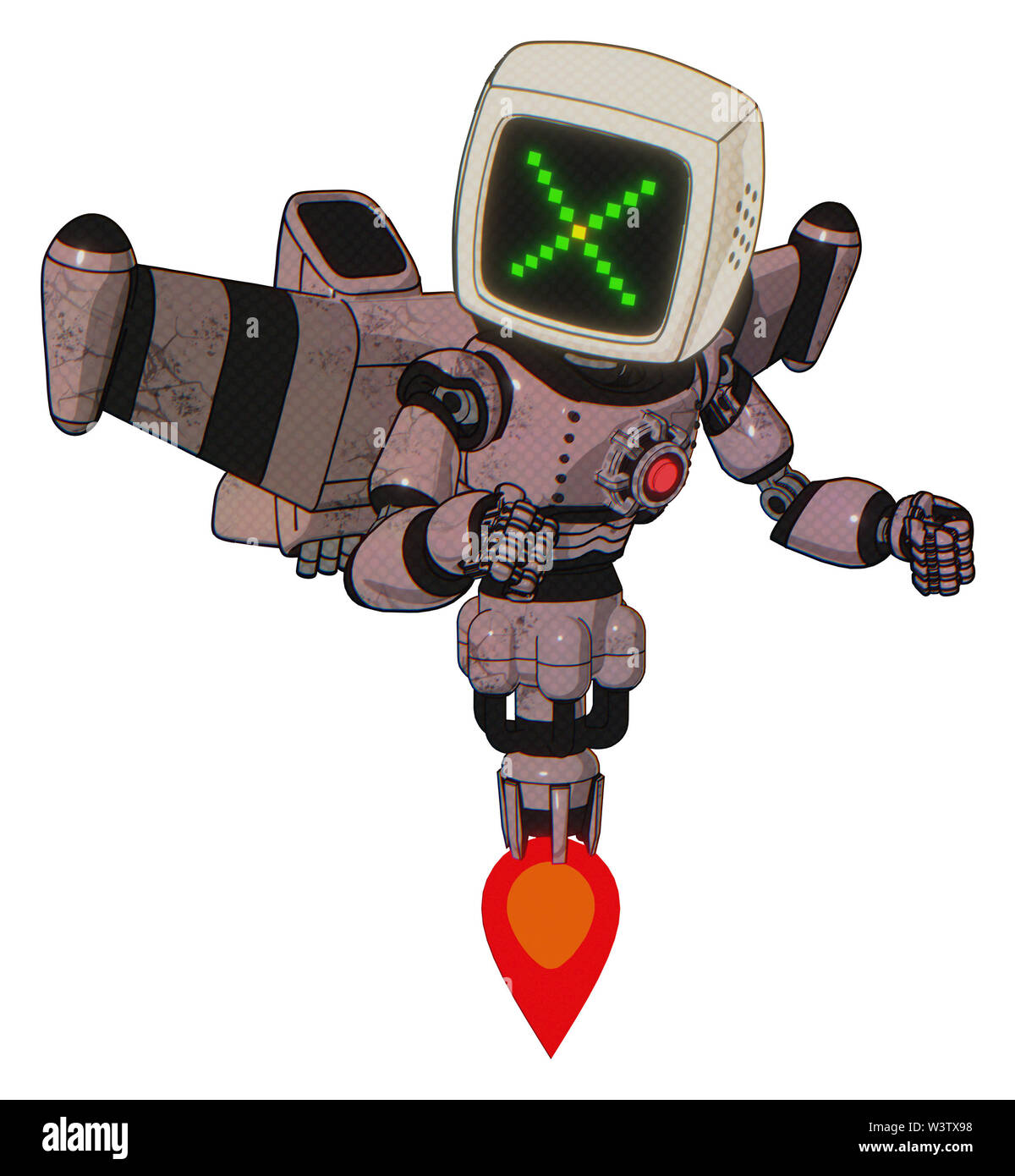 Mech contenant des éléments : ancien moniteur d'ordinateur, pixel x, lumière rouge, exoshielding poitrine base énergie stellaire, jet pack de fusée d'aile, Jet Propulsion. Banque D'Images