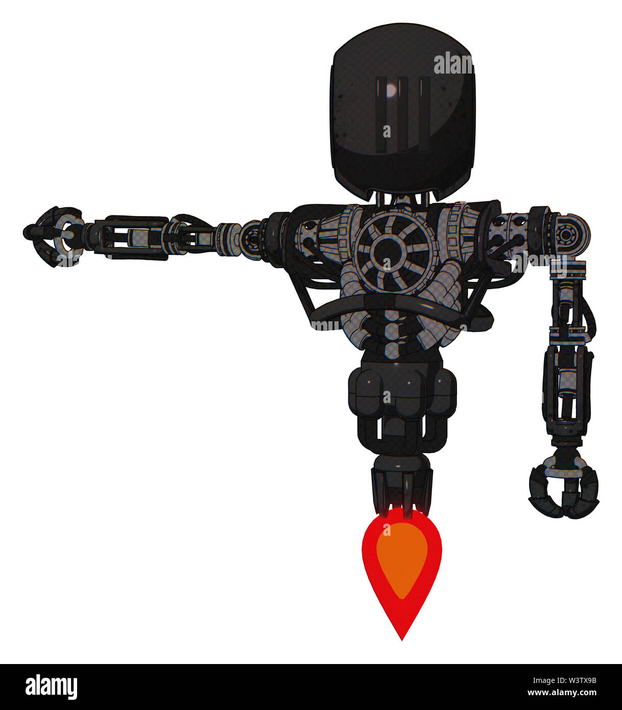 Mech contenant des éléments : tête ronde, trois sentinelles de l'objectif, pare-soleil haut de la poitrine lourde, pas de poitrine, propulsion. Matériel : sale noir. Banque D'Images