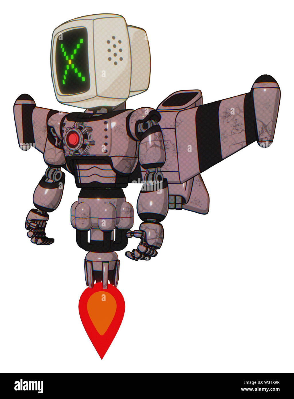 Mech contenant des éléments : ancien moniteur d'ordinateur, pixel x, lumière rouge, exoshielding poitrine base énergie stellaire, jet pack de fusée d'aile, Jet Propulsion. Banque D'Images