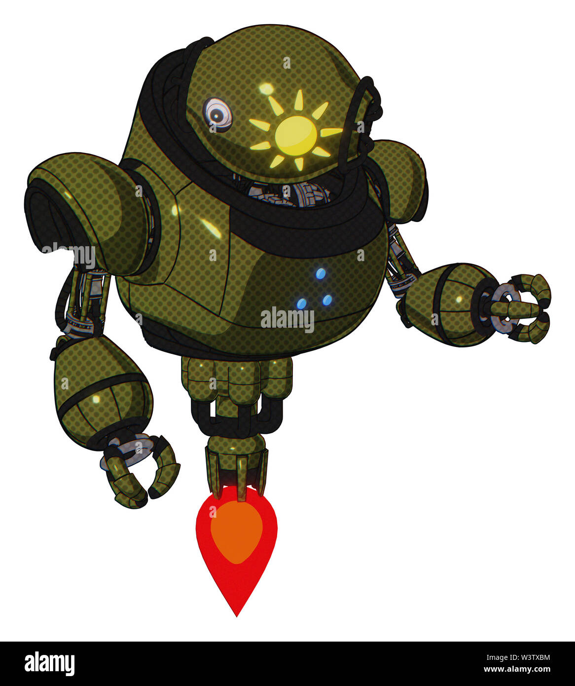 Mech contenant des éléments : ovale large tête, oeil, patch soleil haut de la poitrine lourde, triangle de leds bleues, propulsion. Matériel : vert armée... Banque D'Images