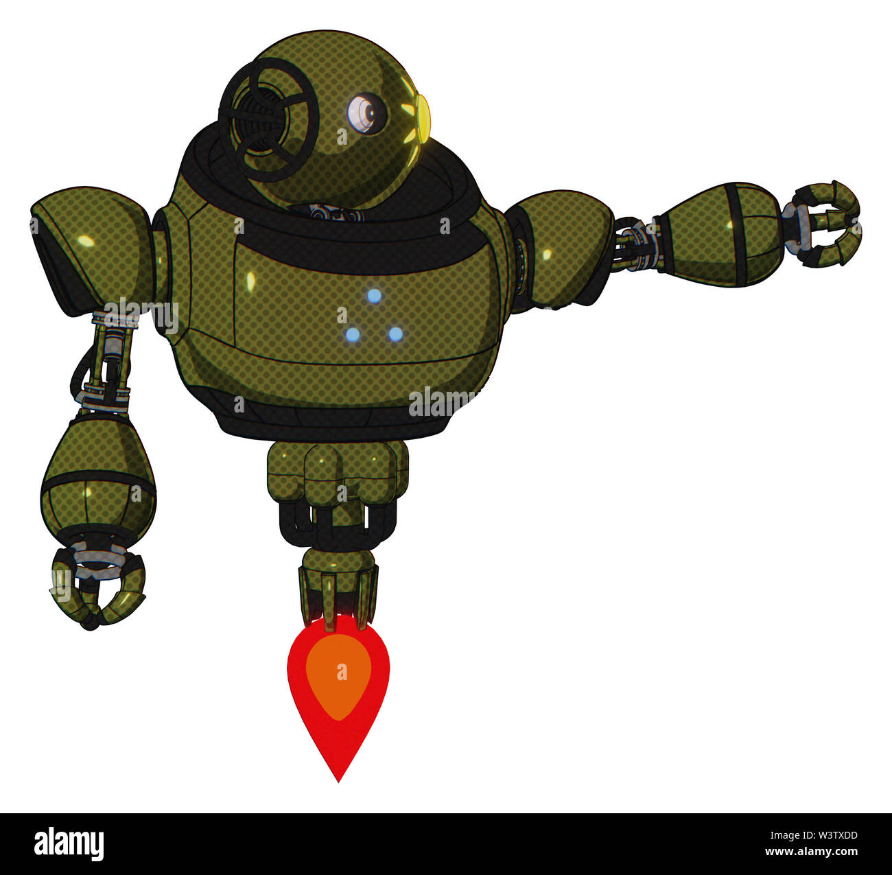 Mech contenant des éléments : ovale large tête, oeil, patch soleil haut de la poitrine lourde, triangle de leds bleues, propulsion. Matériel : vert armée... Banque D'Images