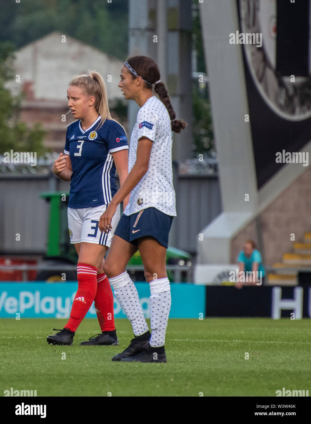 Paisley, Scotland, UK. 16 Juillet 2019 : l'Écosse et la France jouent un U19 de l'UEFA Women's Championship match de groupe à Paisley. Banque D'Images