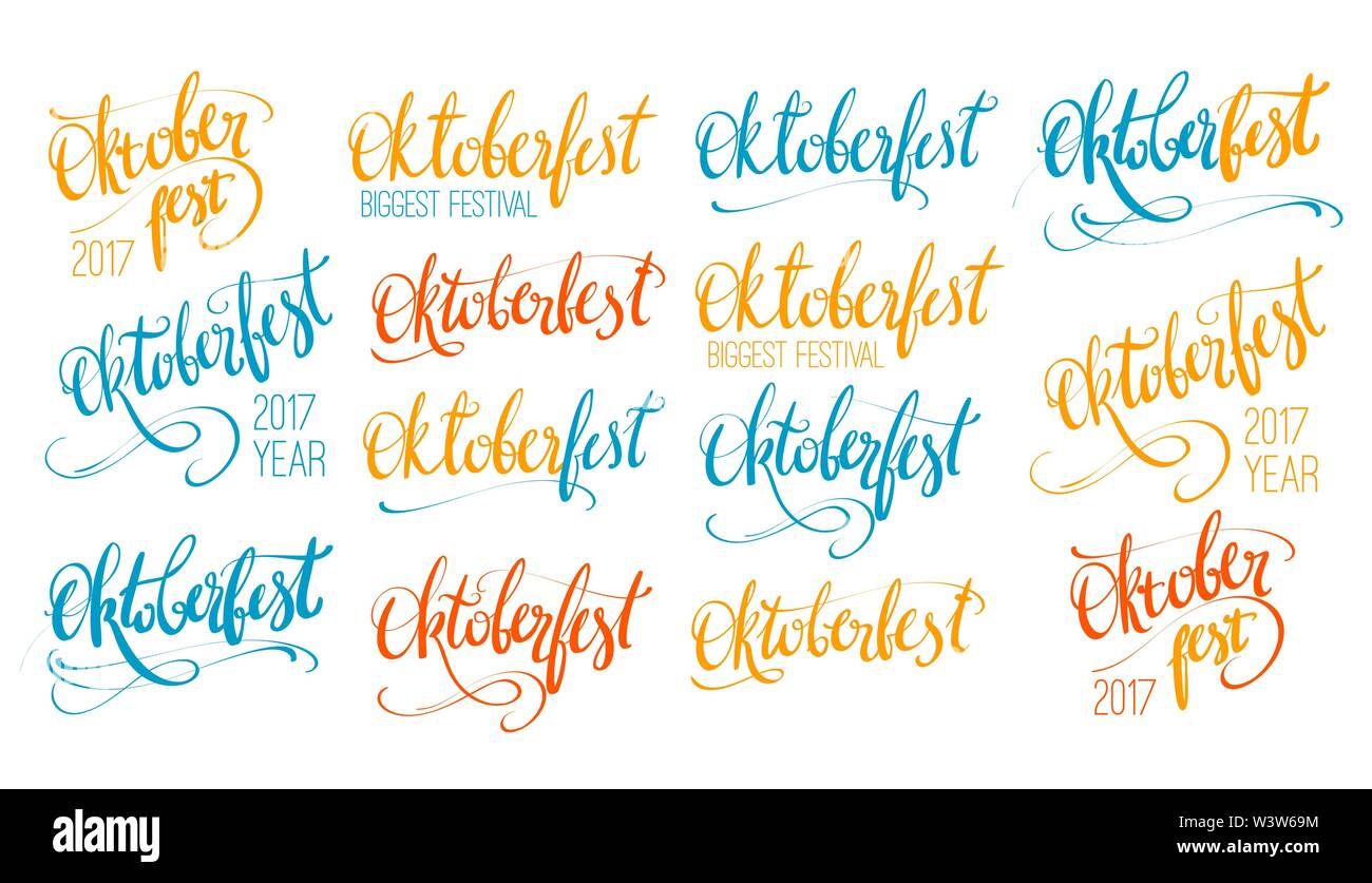 Oktoberfest vector hand set lettrage, pinceau calligraphie inscription pour bannières et logo design. Colorful bleu, orange, jaune mot Oktoberfest Illustration de Vecteur