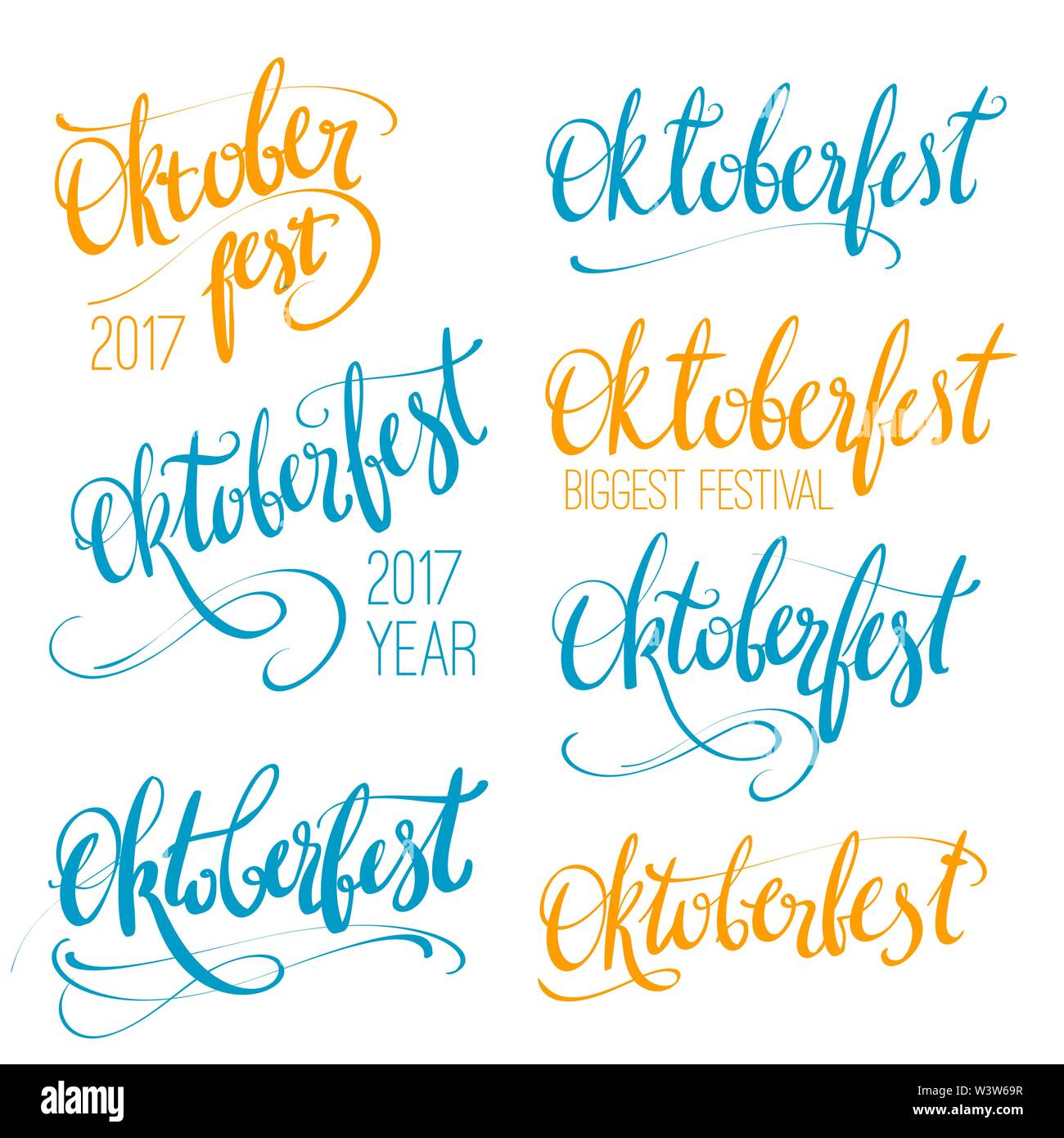 Oktoberfest vector hand lettrage, pinceau calligraphie inscription pour bannières et logo design. Colorful bleu, orange, jaune mot Oktoberfest Illustration de Vecteur