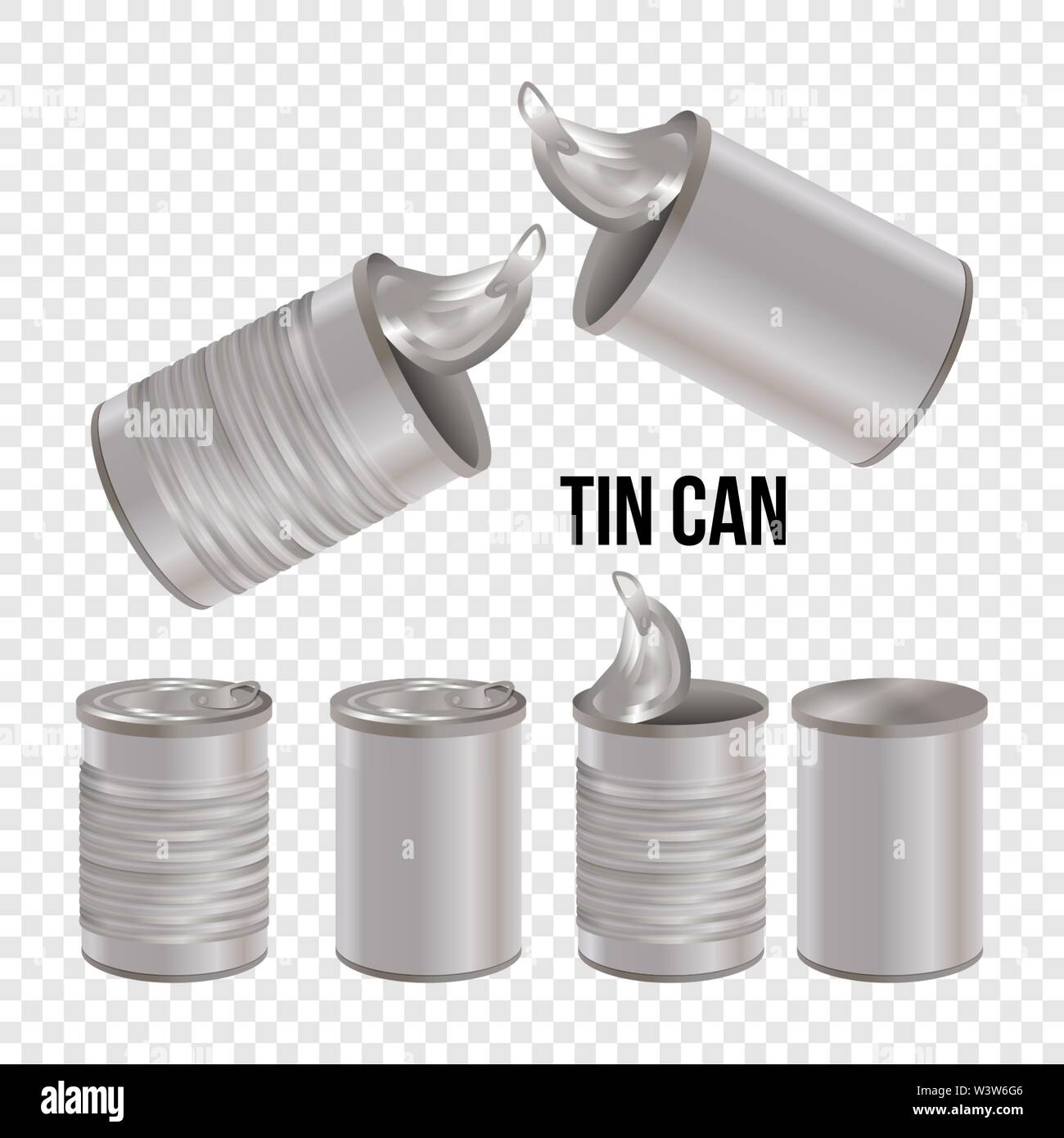 Tincan, conserves alimentaires vecteur réaliste immersive, forfait isolé sur fond blanc. Boite métal pouvez modèles vierges pour la marque. Ouvert et Fermé Illustration de Vecteur