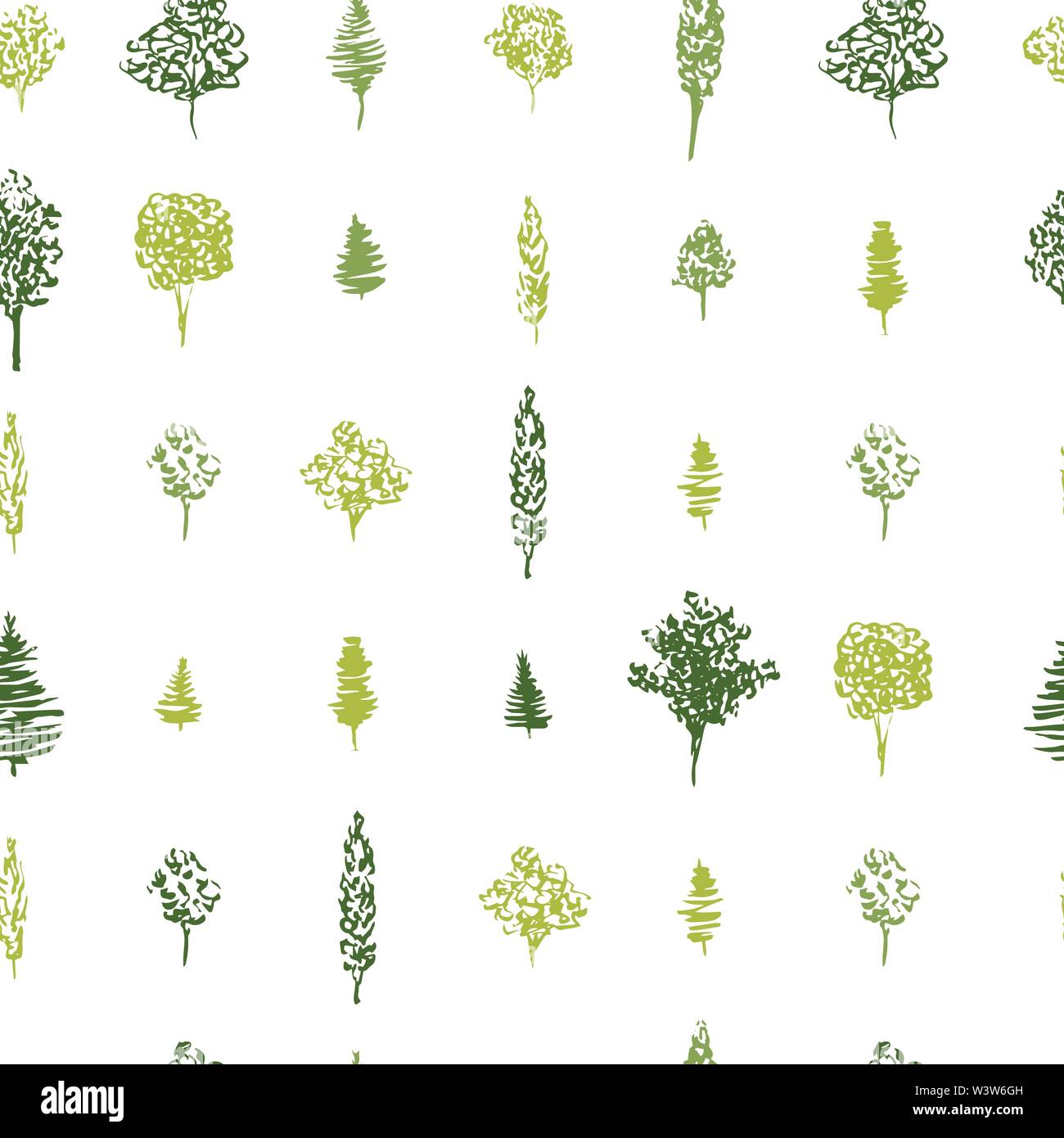 Motif de l'arbre vert transparente pour le motif du tissu. Schéma des arbres verts d'encre à la main. Vector illustration des différents types d'arbres forestiers en répétition géométrique Illustration de Vecteur