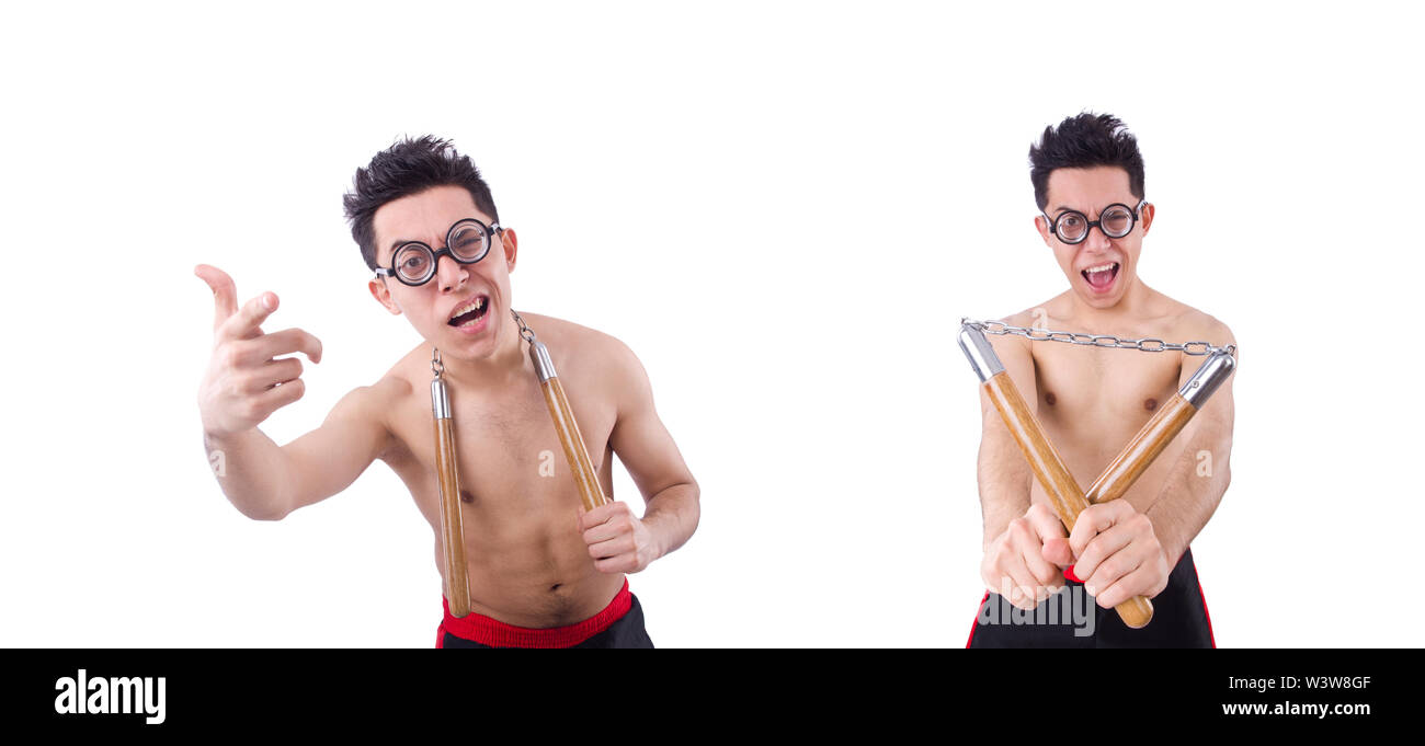 Le mec drôle avec nunchucks on white Banque D'Images