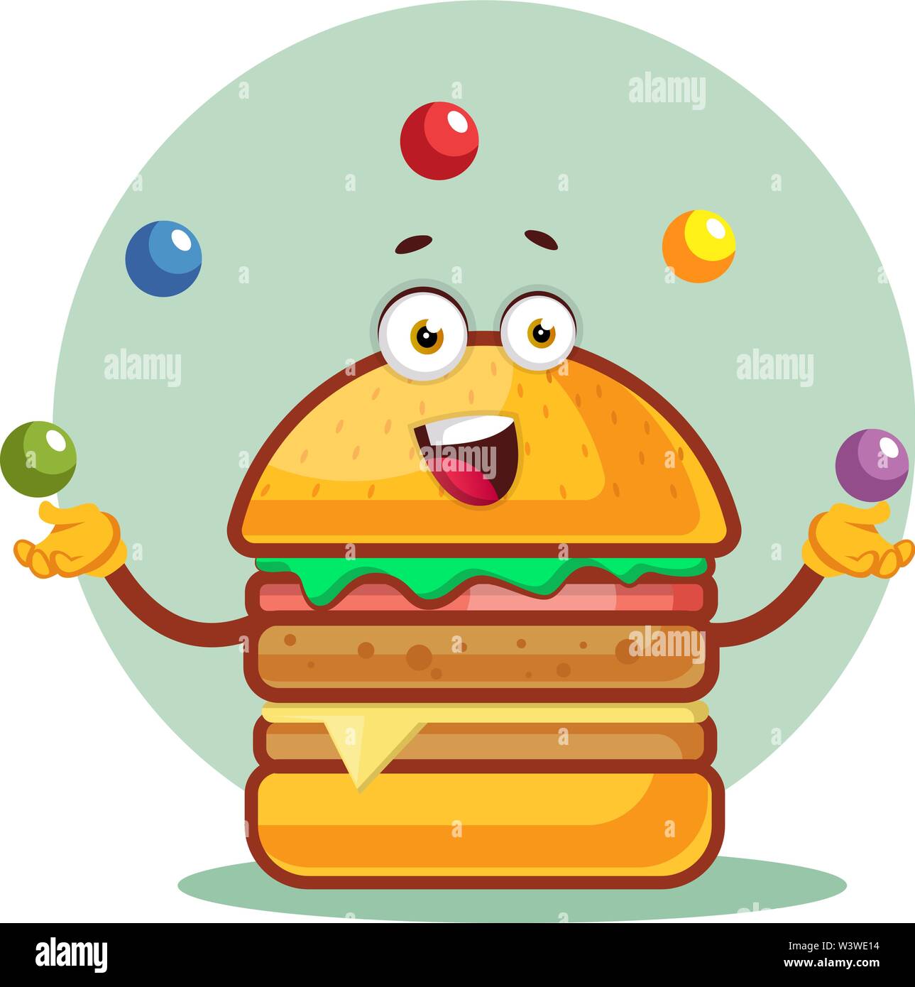 Burger est à jongler avec des balles de couleur, illustration, vecteur sur fond blanc. Illustration de Vecteur