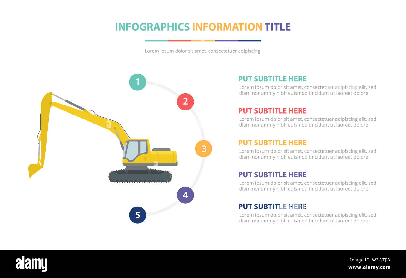 Concept modèle infographique pelles avec cinq points liste et différentes couleurs, lignes modernes fond blanc - vector illustration Banque D'Images Concept modèle infographique pelles avec cinq points liste et différentes couleurs, lignes modernes fond blanc - vector illustration Banque D'Images