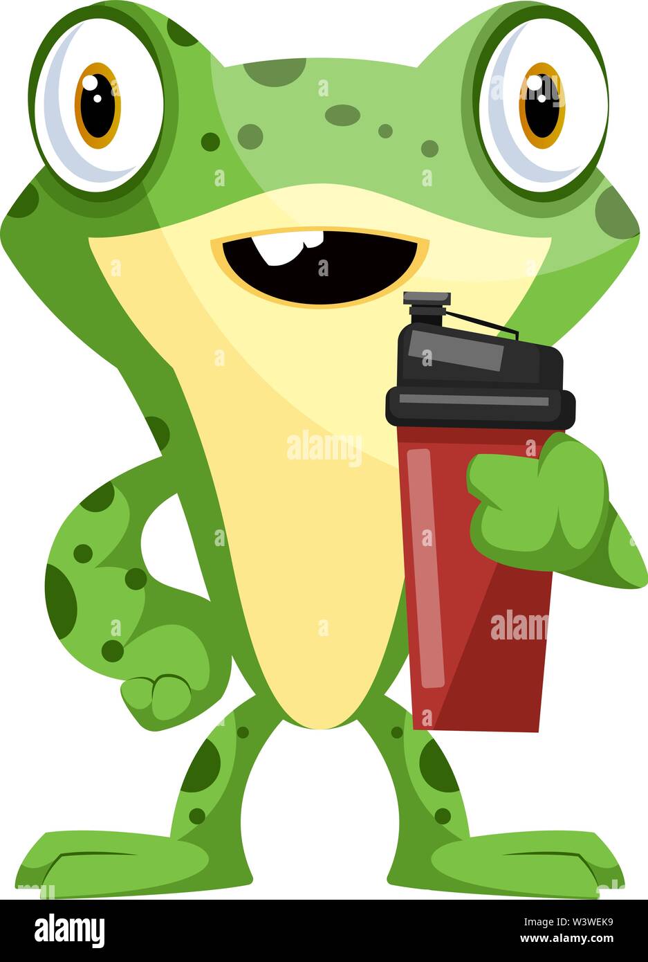 Joyeux, la grenouille verte, tenant une tasse d'eau, de l'illustration vectorielle, sur fond blanc. Illustration de Vecteur