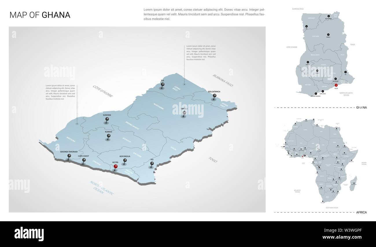 Vector set du Ghana pays. Carte en 3D isométrique, le Ghana, l'Afrique du site - avec la région, l'Etat et les noms les noms de ville. Illustration de Vecteur