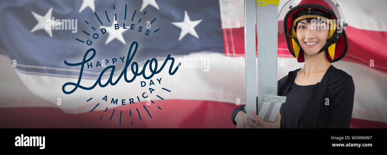 Image composite de female architect holding l'échelle contre fond blanc Banque D'Images