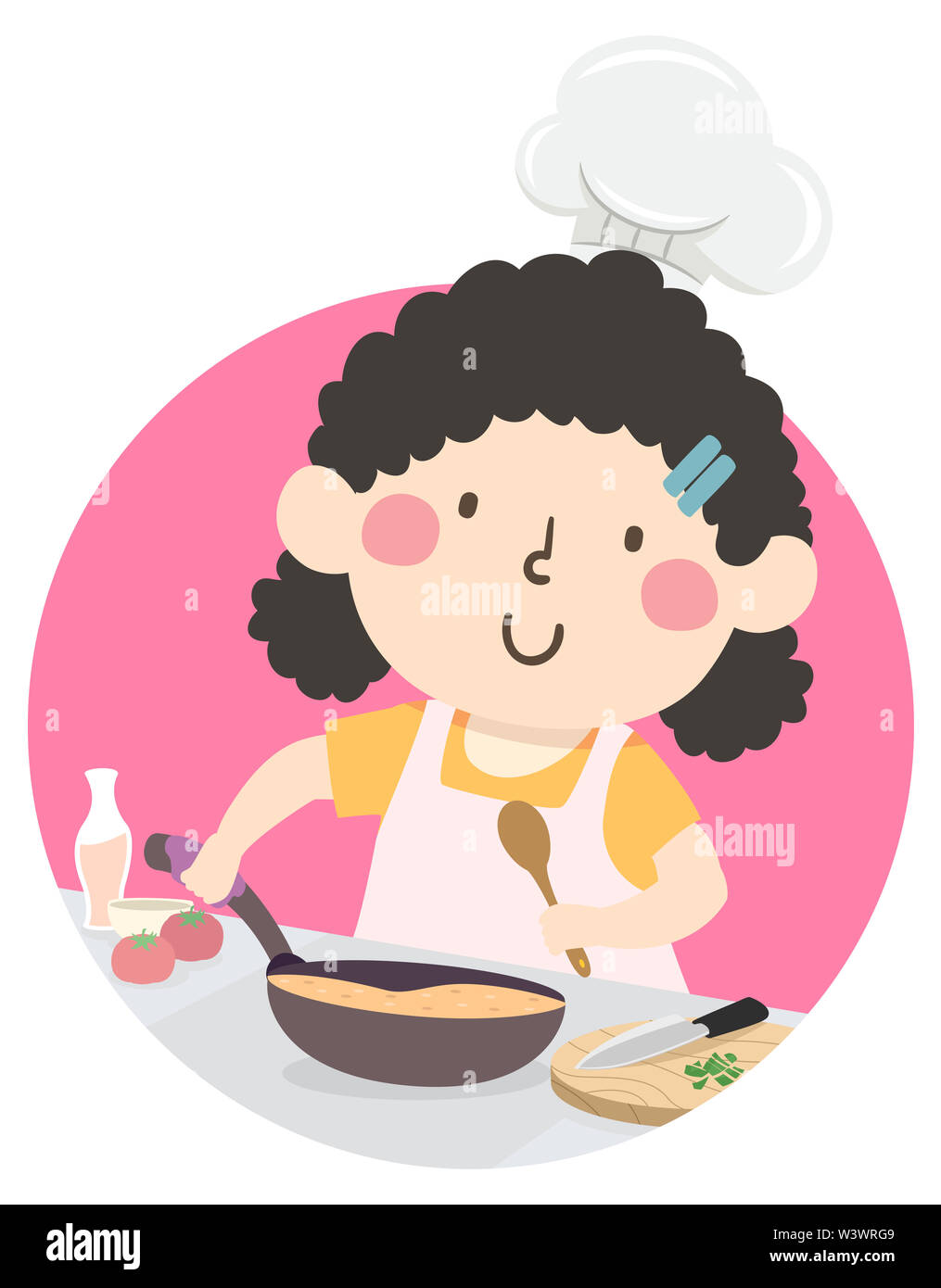 Illustration d'un Kid Girl Wearing Hat Chef et tenant une casserole et cuillère de cuisson dans la cuisine Banque D'Images