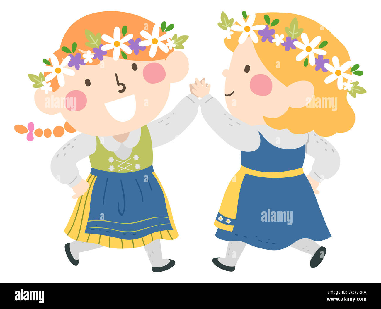 Illustration de Kids Girls Wearing Headdress Floral au cours de la Midsummer Festival de danse Banque D'Images
