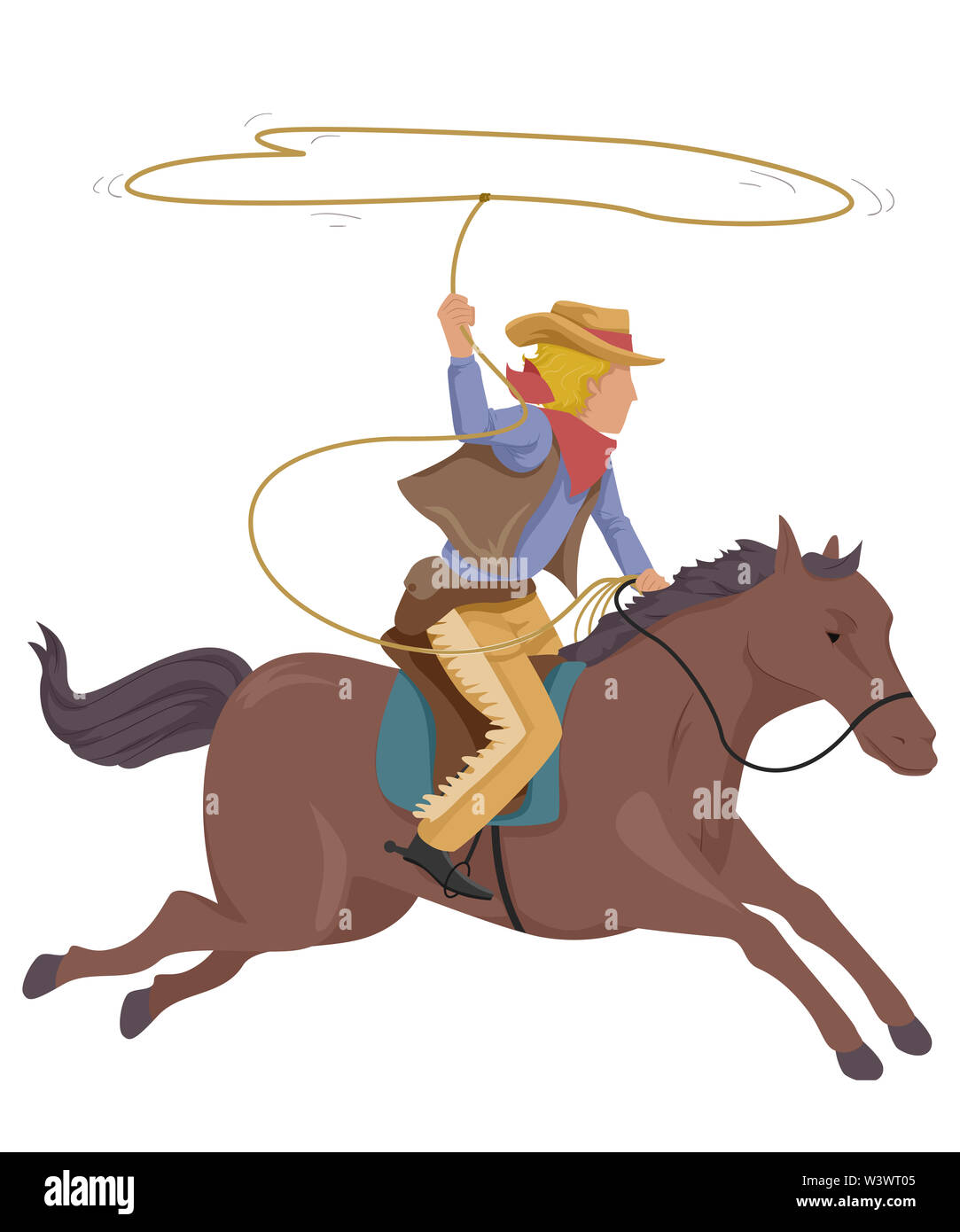 Illustration d'un homme monté sur un cheval de cow-boy et lancer un lasso Banque D'Images