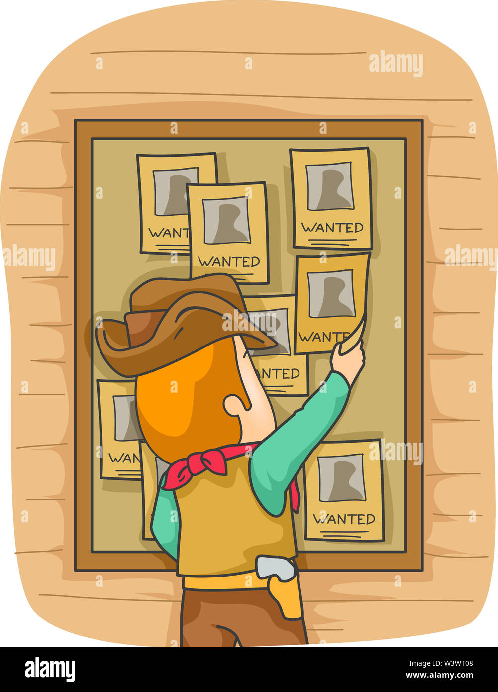 Illustration d'un cow-boy homme tirant sur un avis de recherche auprès de la Commission Banque D'Images