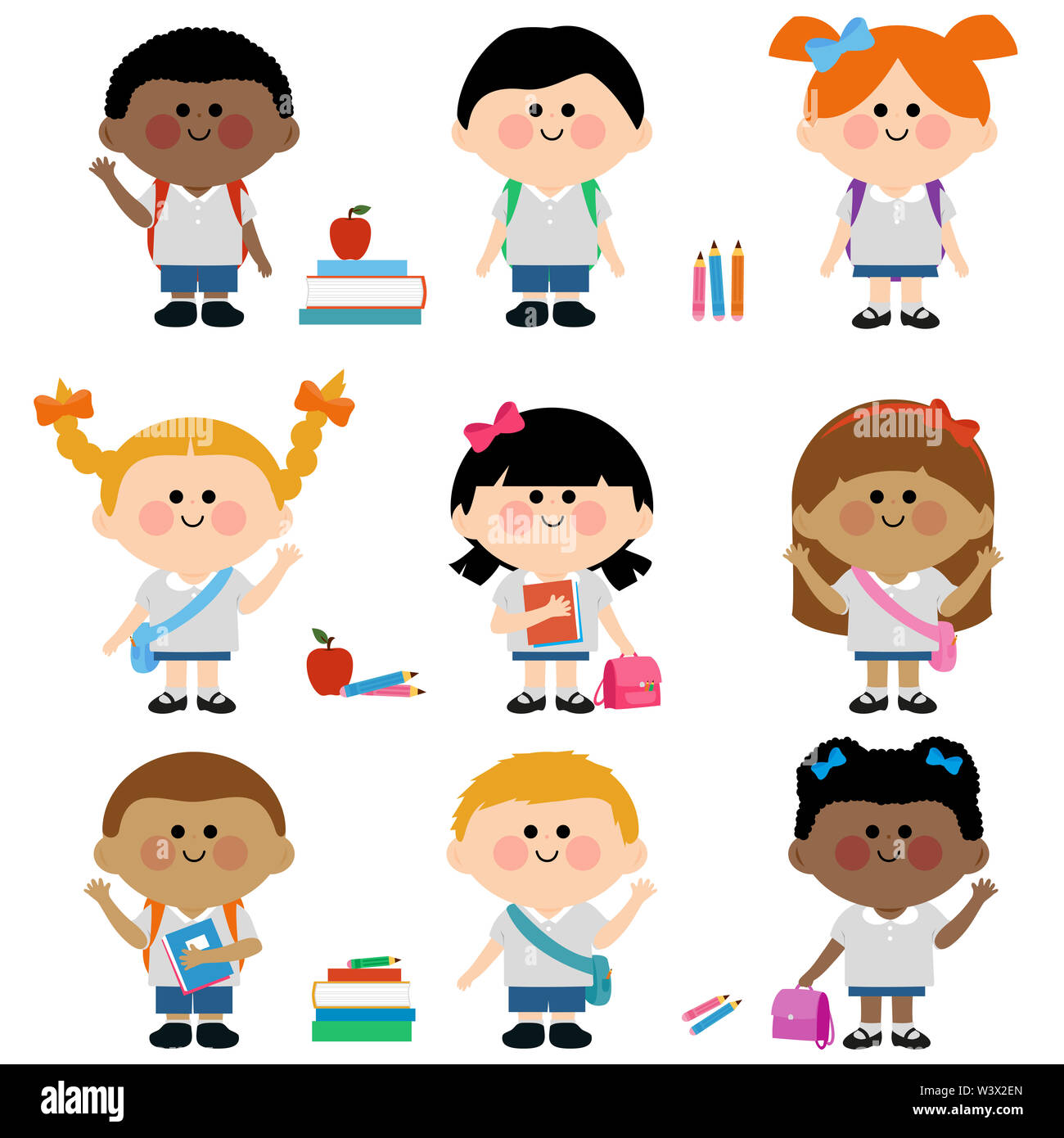 Groupe d'enfants élèves avec des uniformes scolaires, portant des sacs à dos, des sacs d'école et des livres. Enfants divers étudiants en préscolaire ou maternelle. Banque D'Images