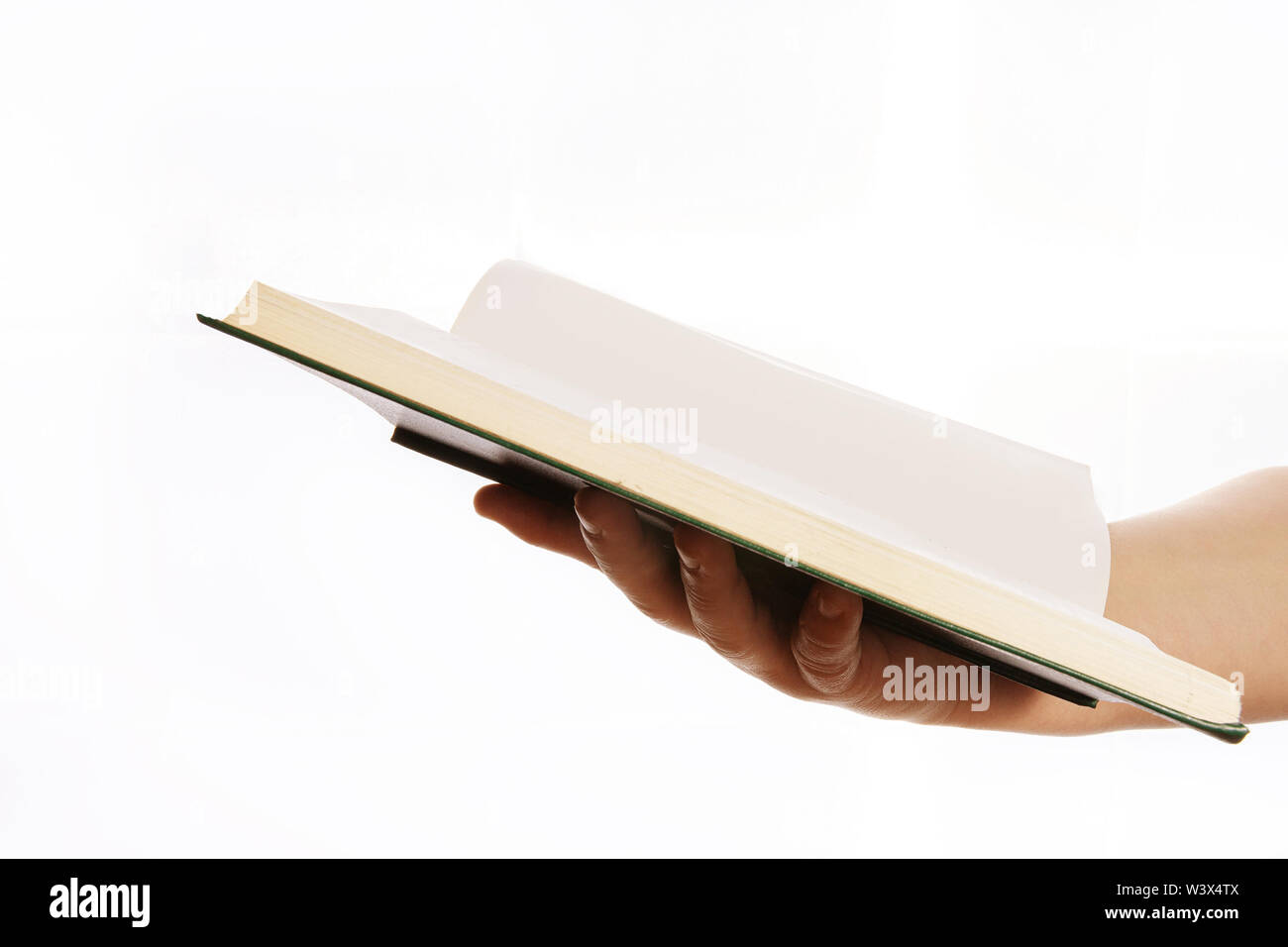 Woman's hand holding est un livre vert, sur un fond blanc. Un livre ouvert pour l'apprentissage. Acquisition de connaissances. L'enseignement universitaire. La lecture de livres. Banque D'Images