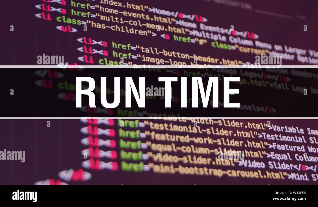 Run time concept illustration à l'aide du code de l'élaboration des  programmes et de l'app. Site web de l'exécution du code avec les balises  colorées dans la vue du navigateur sur fond