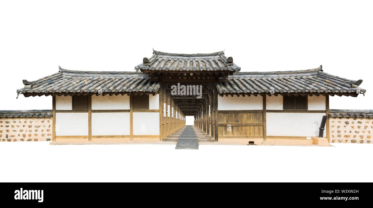 Entrée voûtée traditionnelle de Corée ancienne immeuble sur fond blanc. Banque D'Images