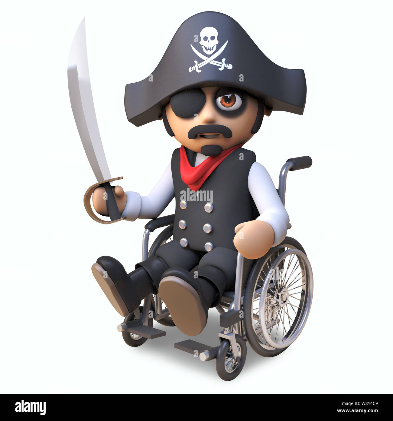 Capitaine pirate blessé au crâne et os hat et cache-oeil est assis dans un fauteuil roulant en tenant son coutelas, illustration 3D render Banque D'Images