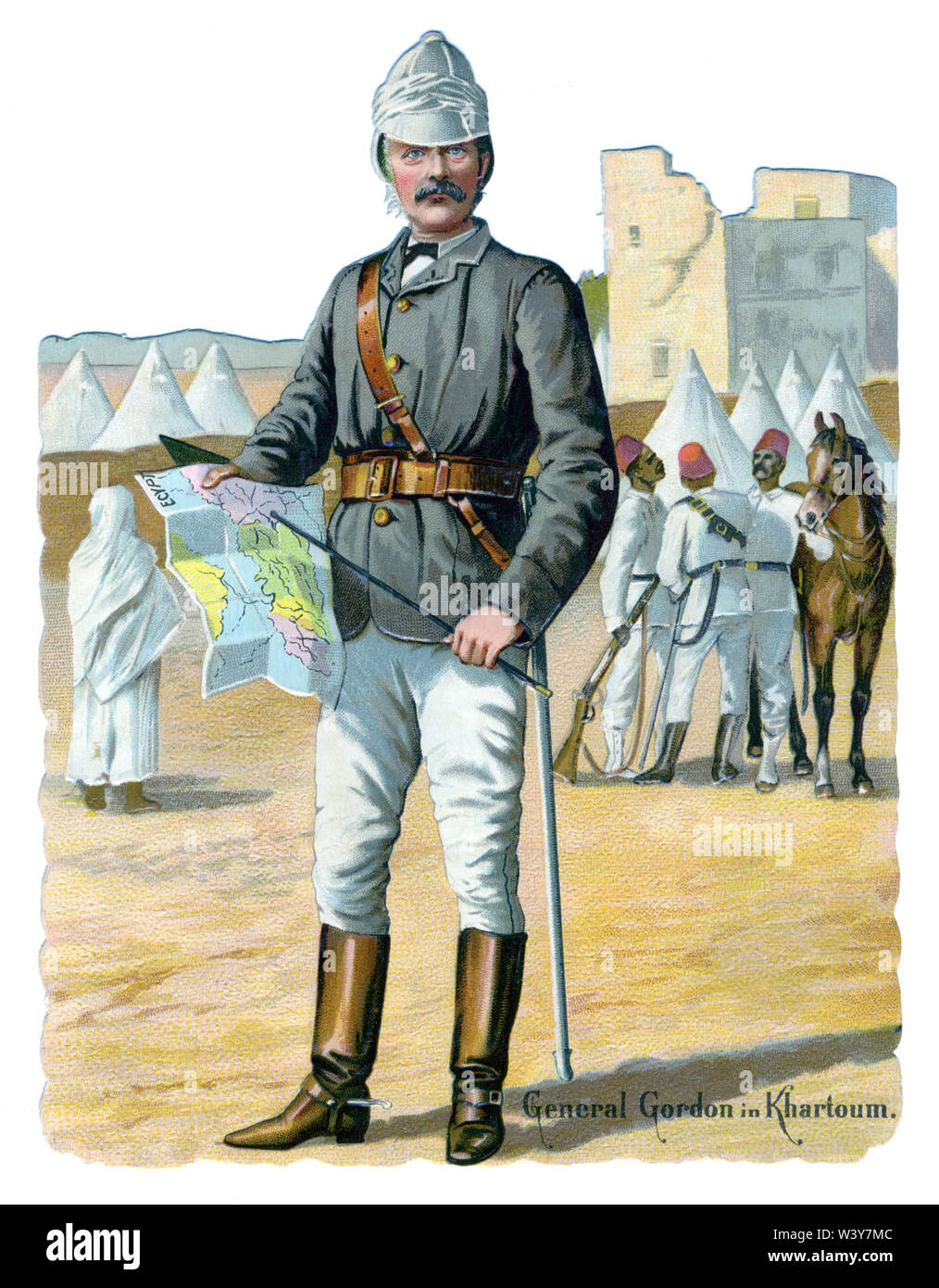 Le général Gordon à Khartoum, 1885 portrait du Gouverneur général du Soudan, tué par le Mahdi à la fin du siège de Khartoum, sur un débris de lithographies de l'époque victorienne Banque D'Images