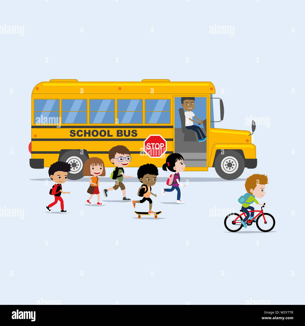 Retour à l'école illustration : groupe diversifié d'enfants étudiants boarding school bus jaune Banque D'Images