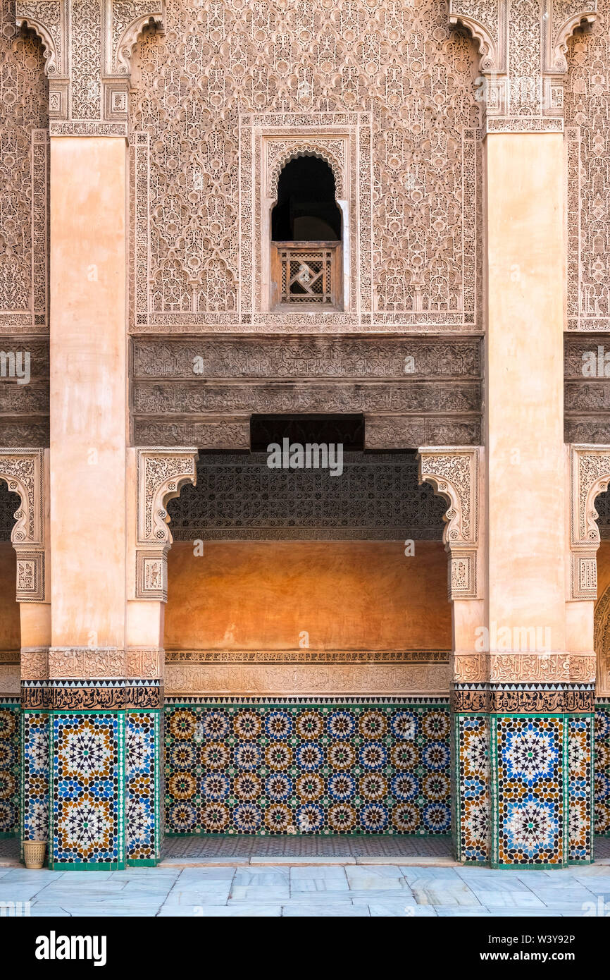 Le Maroc, Marrakech-Safi Marrakesh-Tensift-El Haouz (région), Marrakech. Medersa Ben Youssef, 16e siècle Collège islamique. Banque D'Images