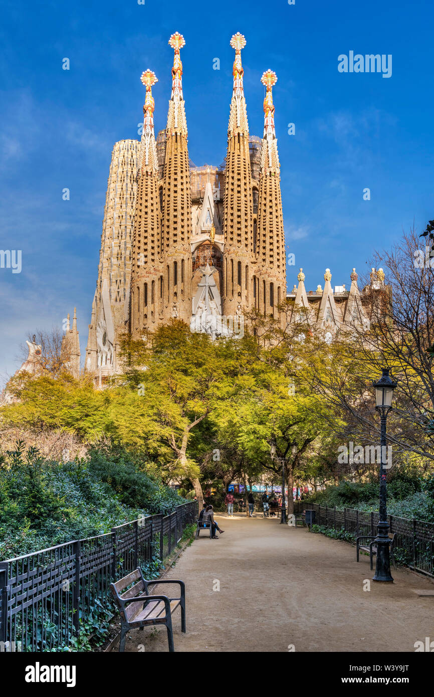 Façade de la Passion de La Sagrada Familia, église basilique de Barcelone, Catalogne, Espagne Banque D'Images
